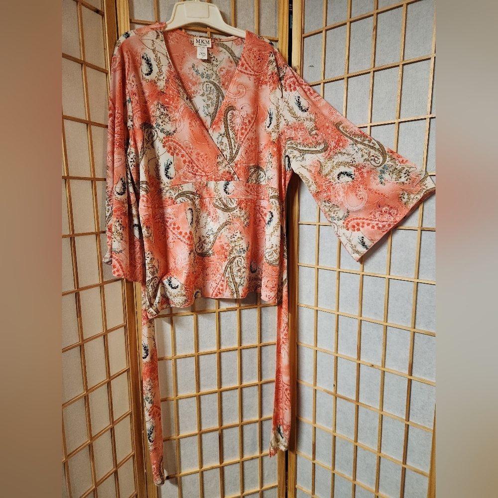 MKM Designs Pink and Cream Flutter Sleeve Wrap Blouse
